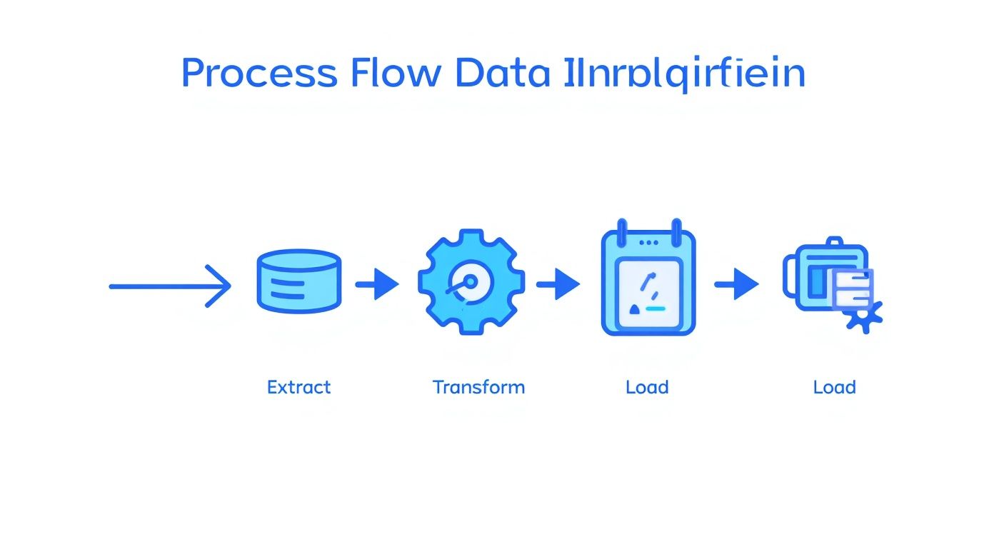 A data flow diagram showing extraction from a database, transformation, and loading into systems.