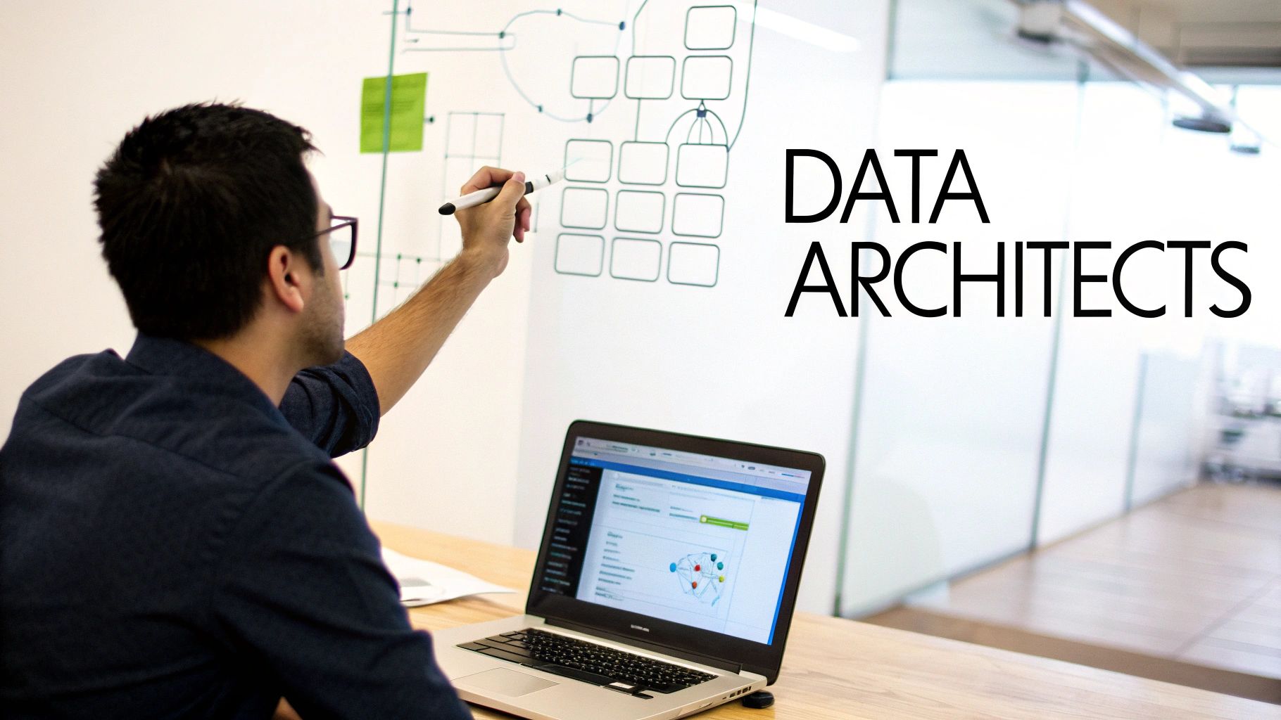A professional guiding a business owner through a complex data chart on a large screen, symbolizing data strategy consultancy.