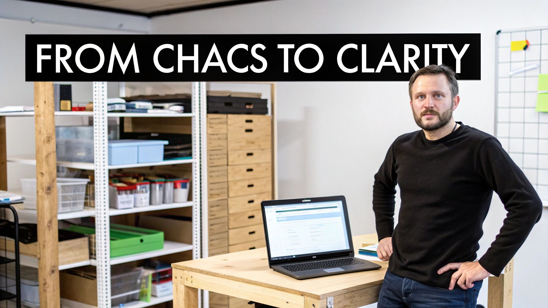 A bearded man stands in an organized office with a laptop, under a 'FROM CHACS TO CLARITY' banner.