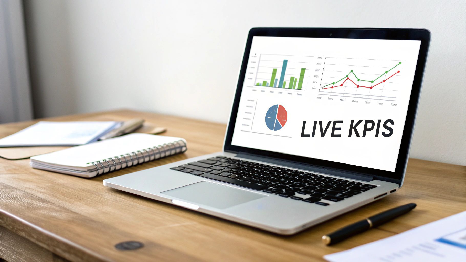 A business dashboard showing various charts and metrics on a screen, representing descriptive analytics.