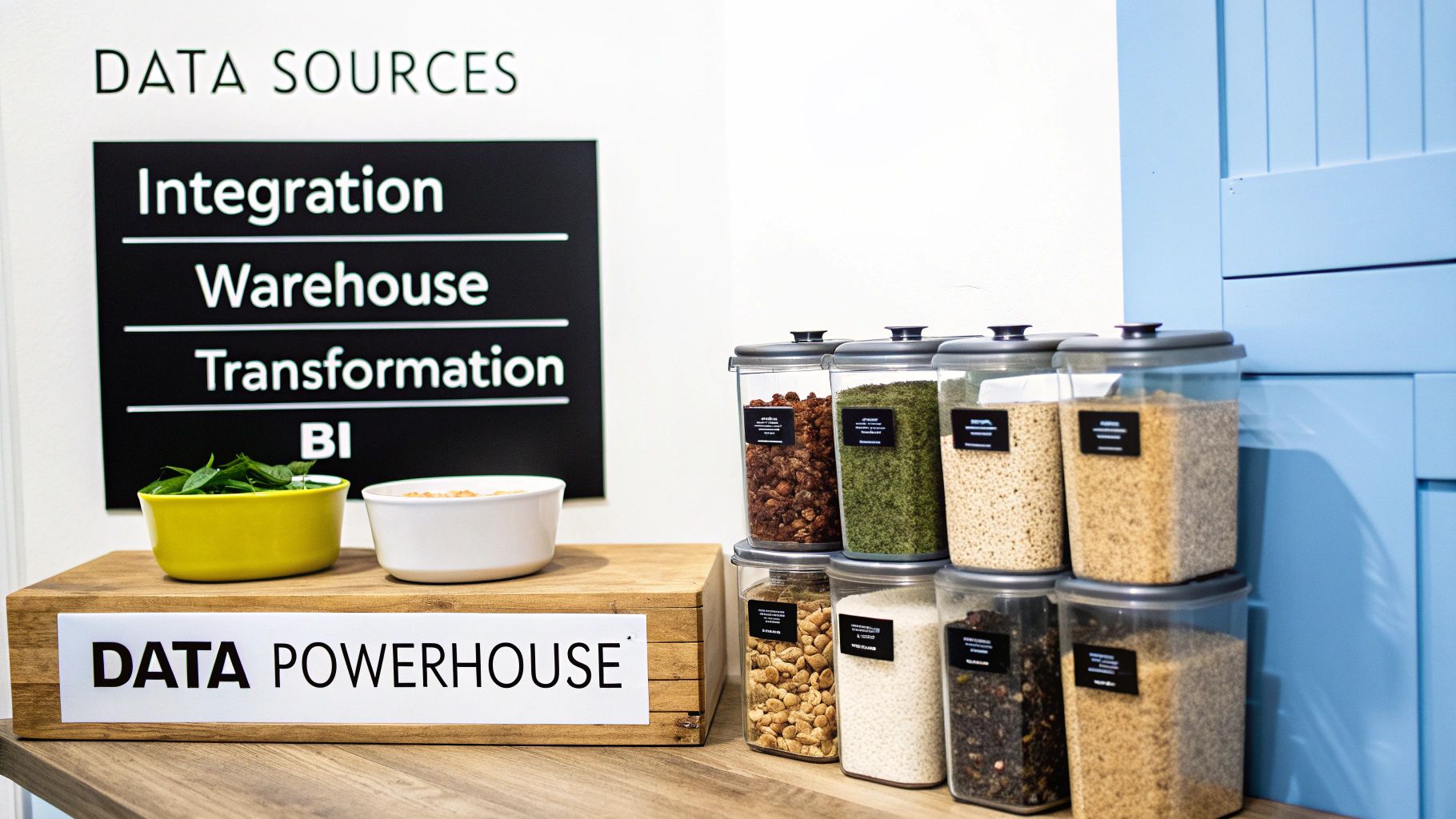 An overhead shot of a clean, modern kitchen with various ingredients laid out on a counter, representing the components of a modern data stack.