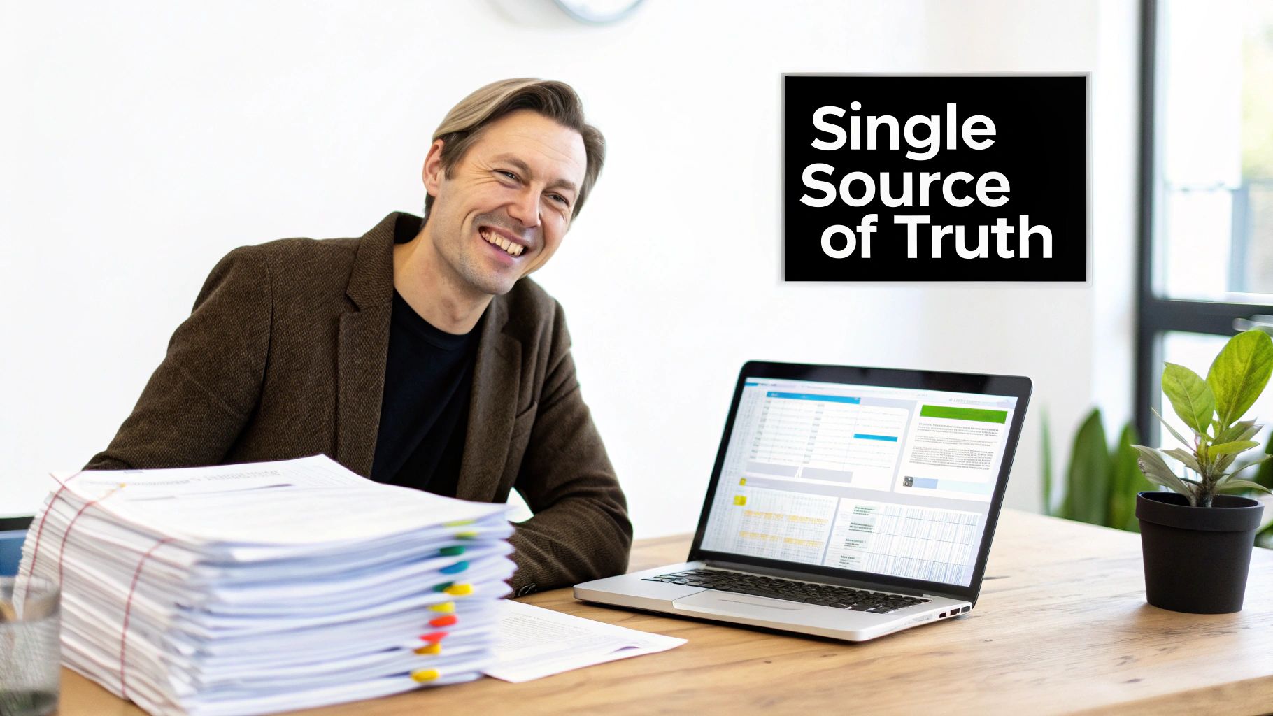 A man smiles at his desk with a laptop, a large stack of papers, and a 'Single Source of Truth' sign.