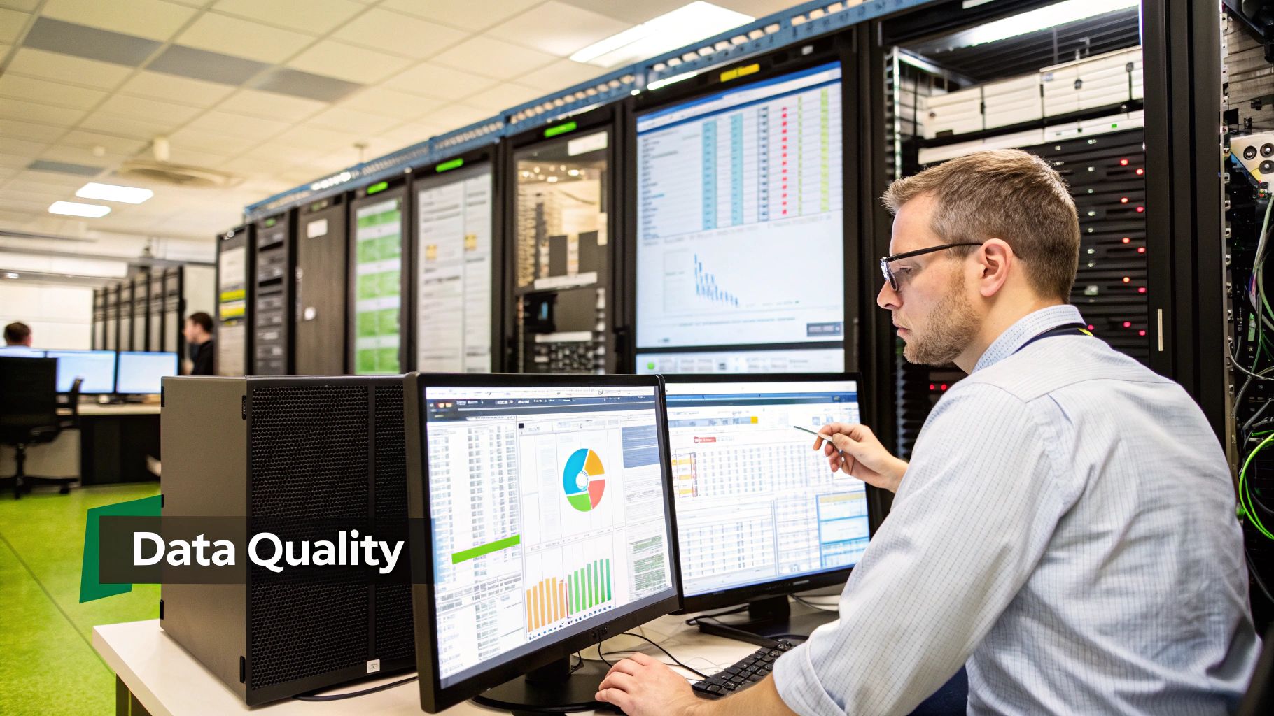 Infographic detailing the six dimensions of data quality: Accuracy, Completeness, Consistency, Timeliness, Validity, and Uniqueness