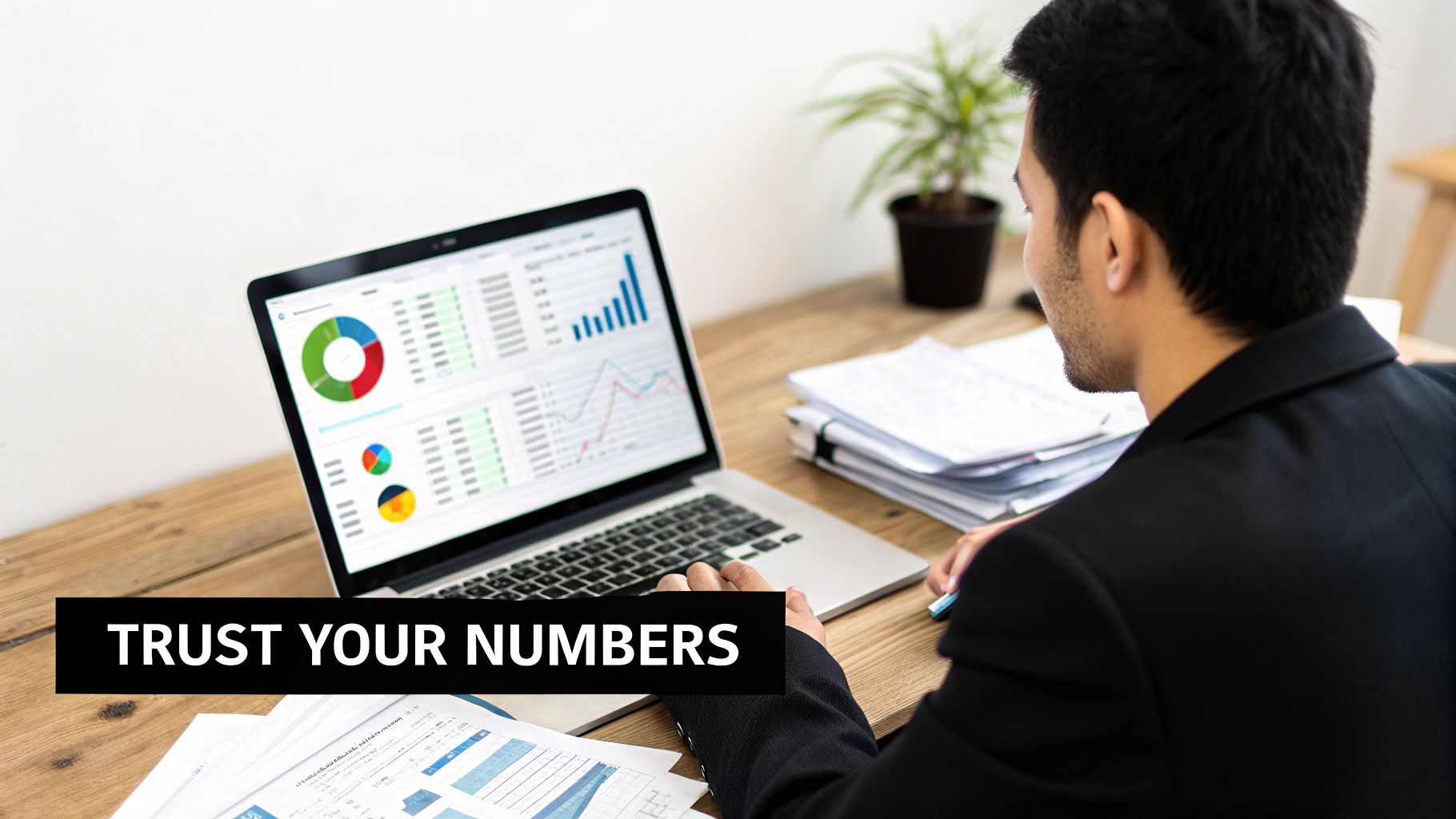 A team of professionals collaborating around a screen displaying data charts, representing strategic clarity achieved through good data architecture.