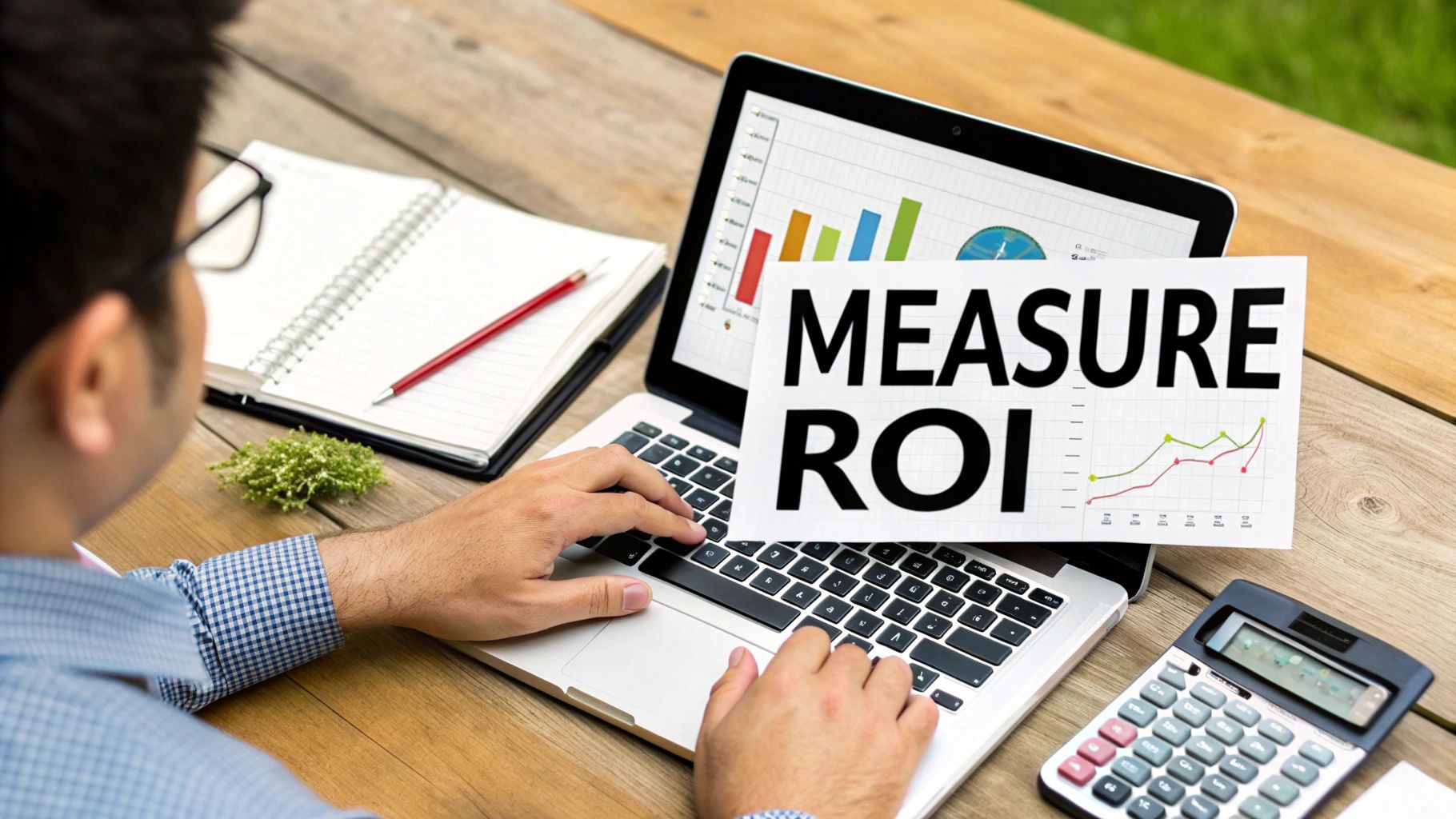 A dashboard on a tablet showing positive ROI and business growth metrics.