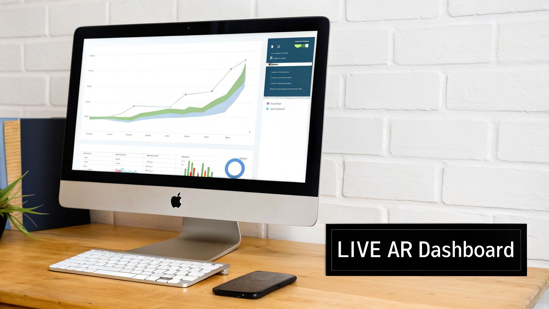 An iMac displays a live data dashboard with graphs and charts on a wooden desk, next to a 'LIVE AR Dashboard' sign.