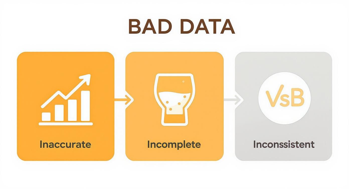 An infographic showing three icons representing inaccurate data (wrong chart), incomplete data (half-full glass), and inconsistent data (A vs B comparison).