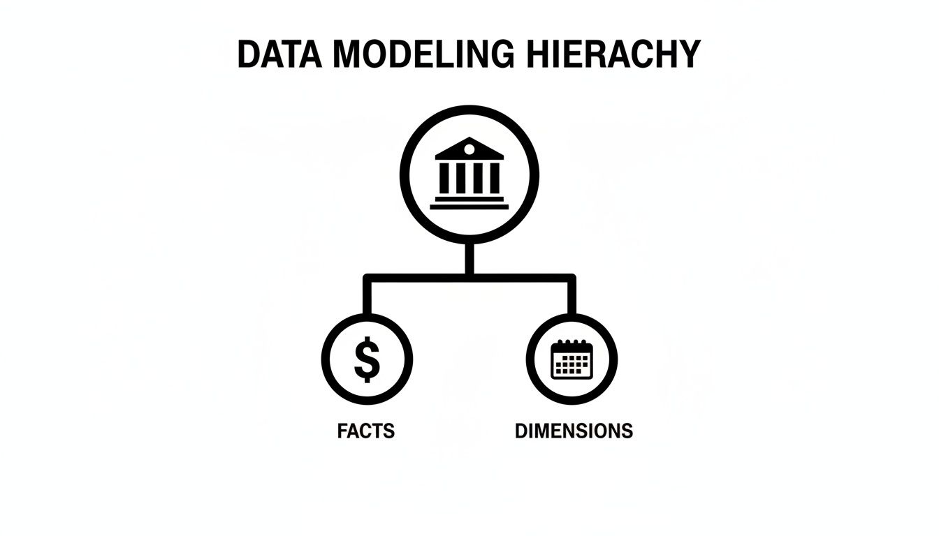 Data modeling hierarchy diagram with a central database icon branching to fact (dollar sign) and dimension (calendar) tables.