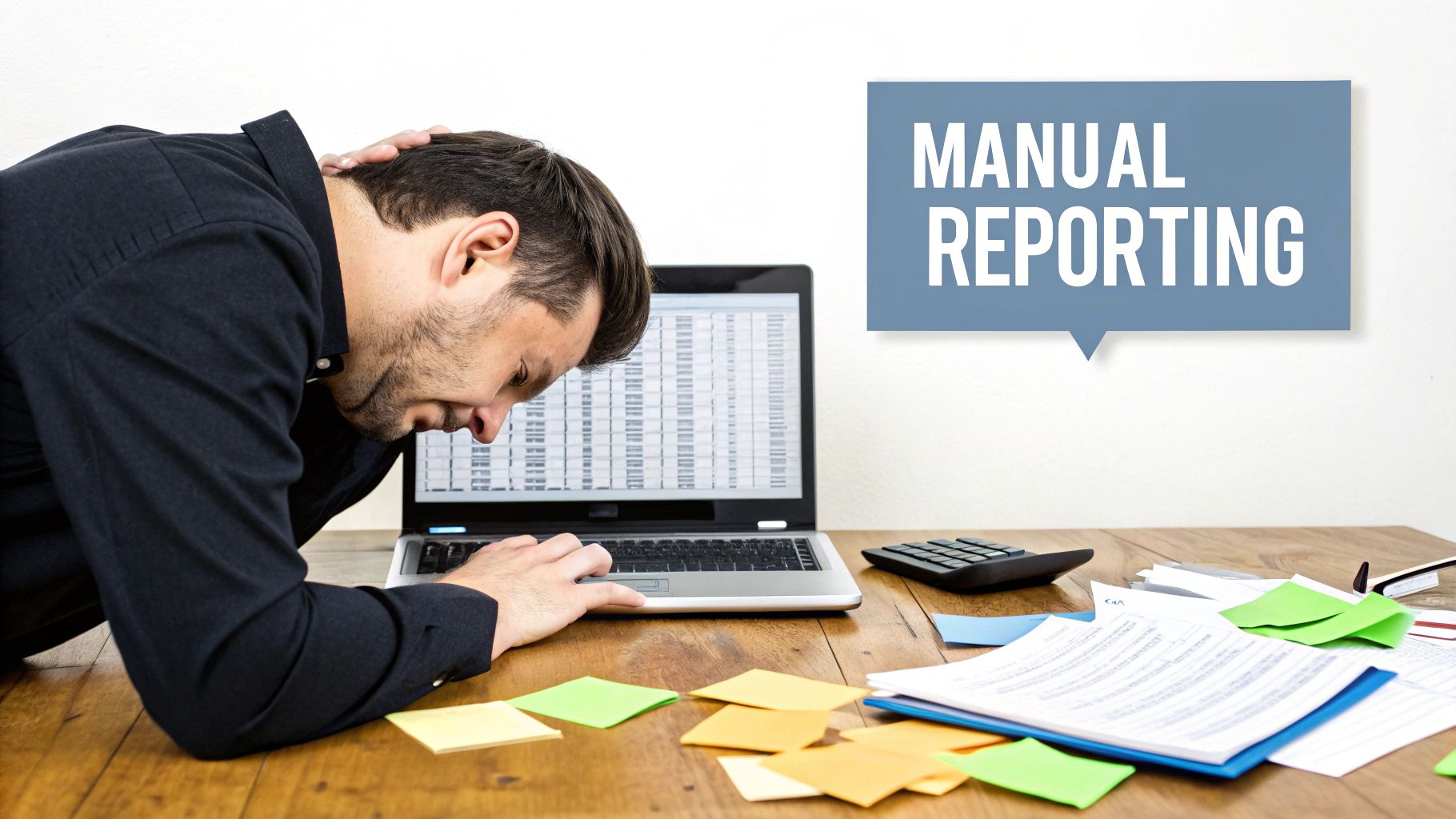 A stressed man struggles with manual reporting on a laptop, surrounded by documents and sticky notes.