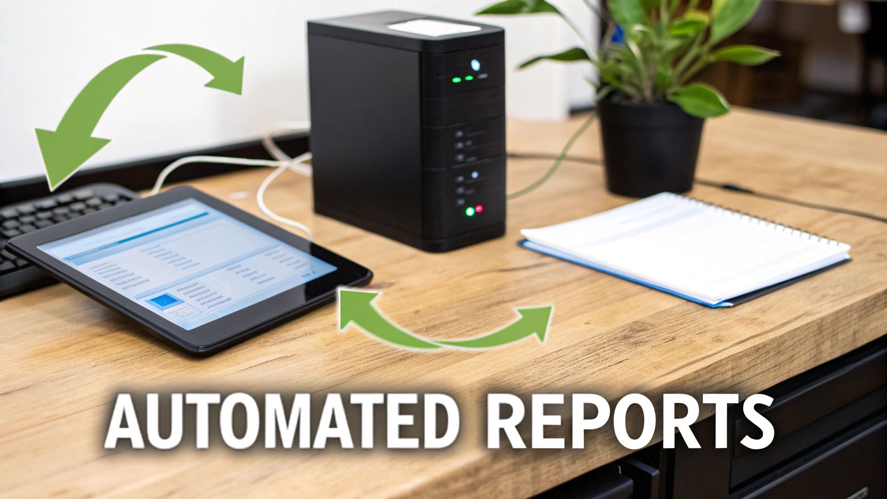 Automated reports from a NAS device displayed on a tablet with data flow arrows.