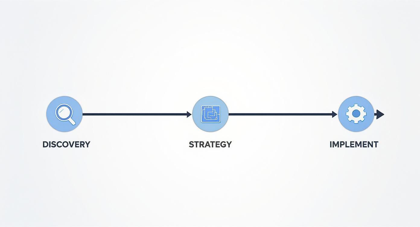 A horizontal process flow diagram illustrating three stages: Discovery, Strategy, and Implement, connected by arrows.