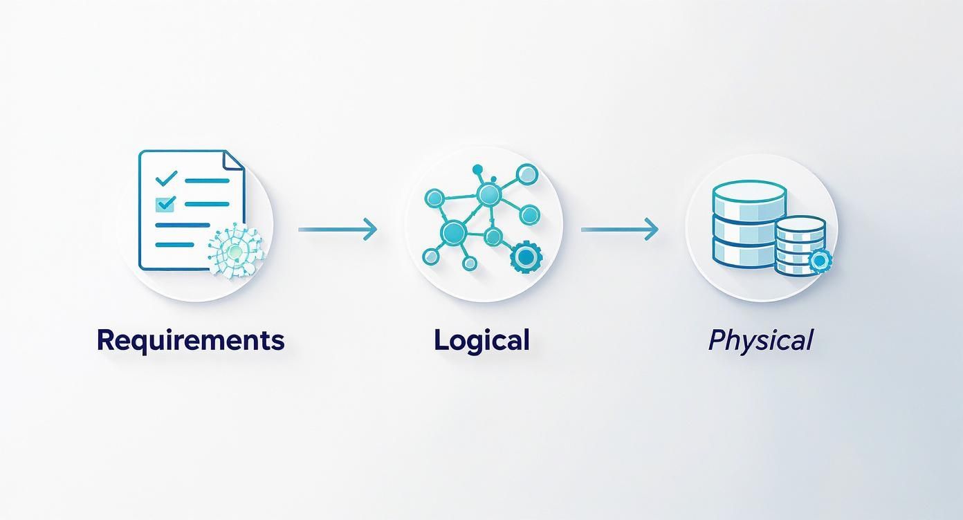 Three-stage data modeling process showing requirements, logical design with network diagram, and physical database implementation