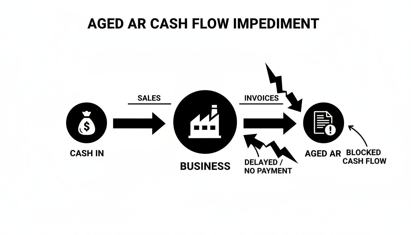 Diagram showing how aged accounts receivable impede business cash flow due to delayed or no payments.