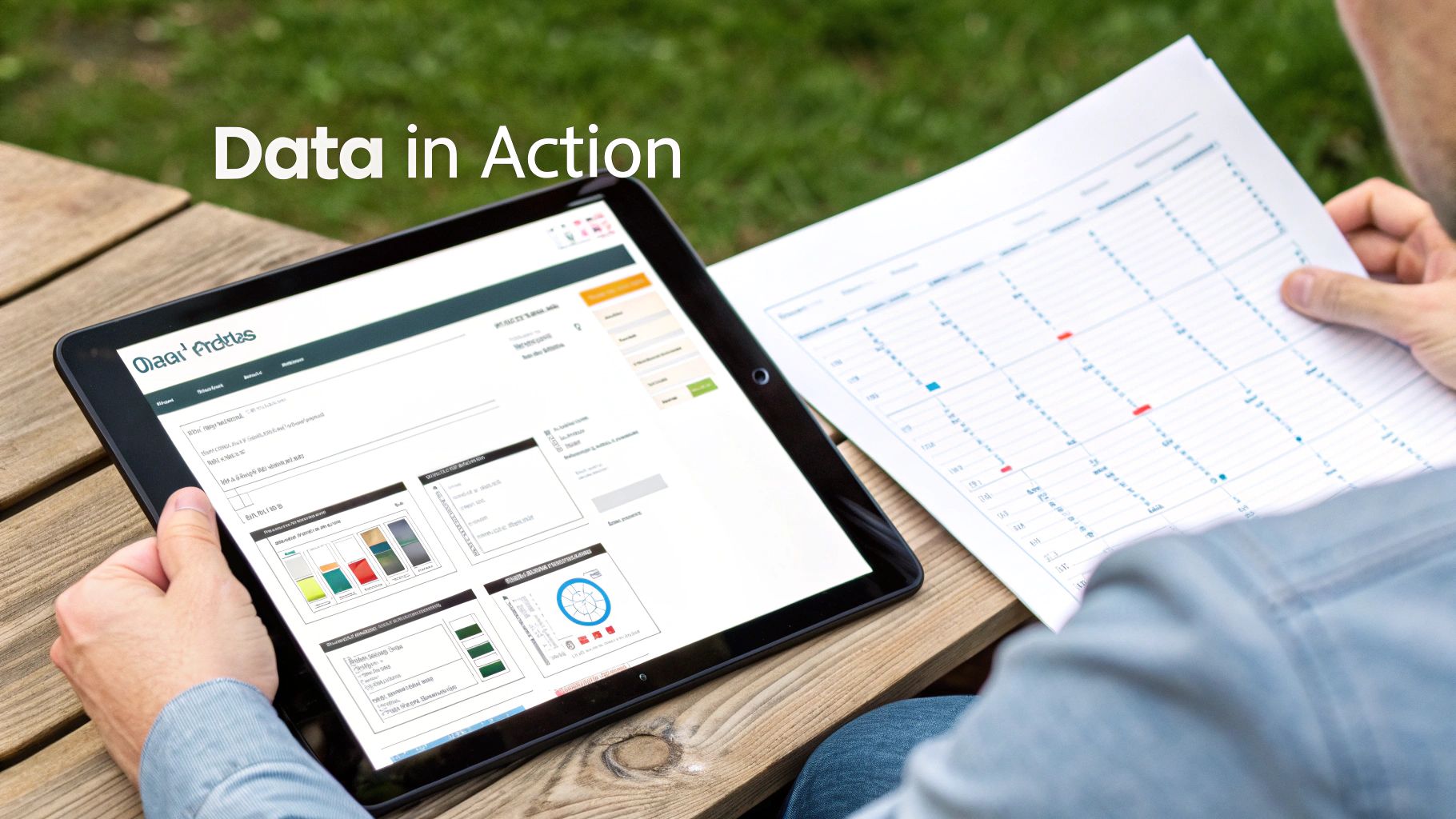 A person reviews charts and data on a tablet and paper outdoors, illustrating data in action.