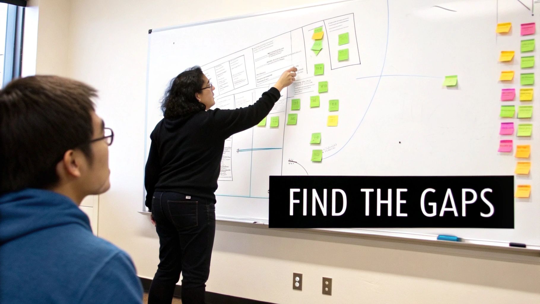 Two people collaborate on a whiteboard, strategically placing sticky notes to identify gaps in data.