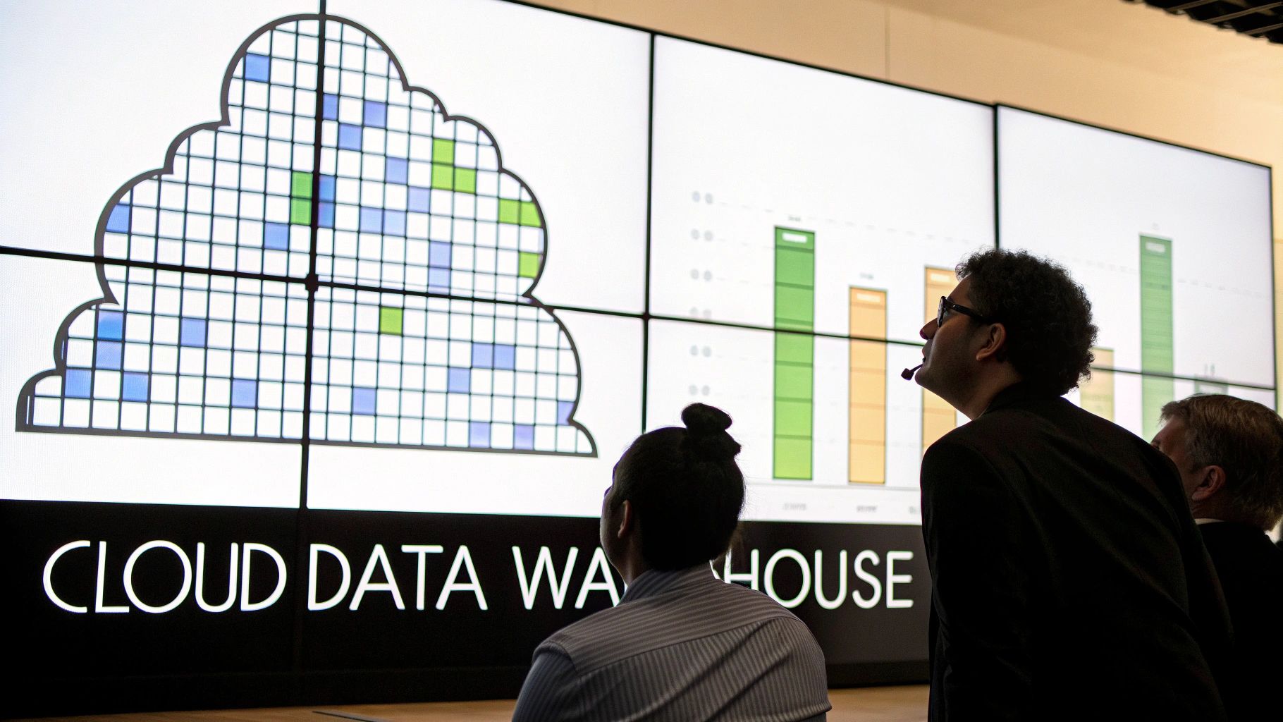 Three people observe a large screen displaying a cloud data warehouse visual and data charts.