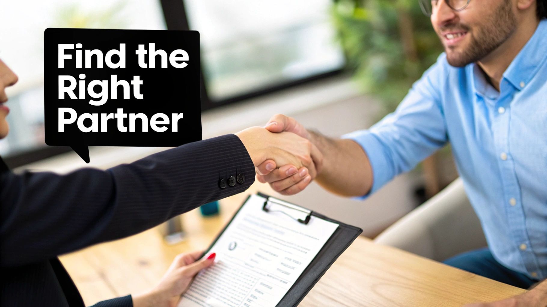 A business owner shaking hands with a consultant across a table with laptops showing dashboards.