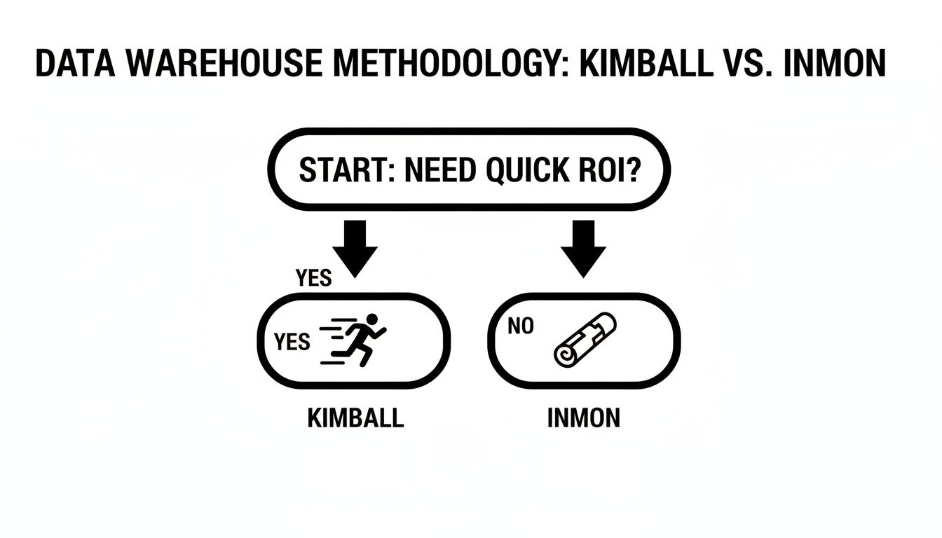 Flowchart comparing Kimball and Inmon data warehouse methodologies based on the need for quick ROI.