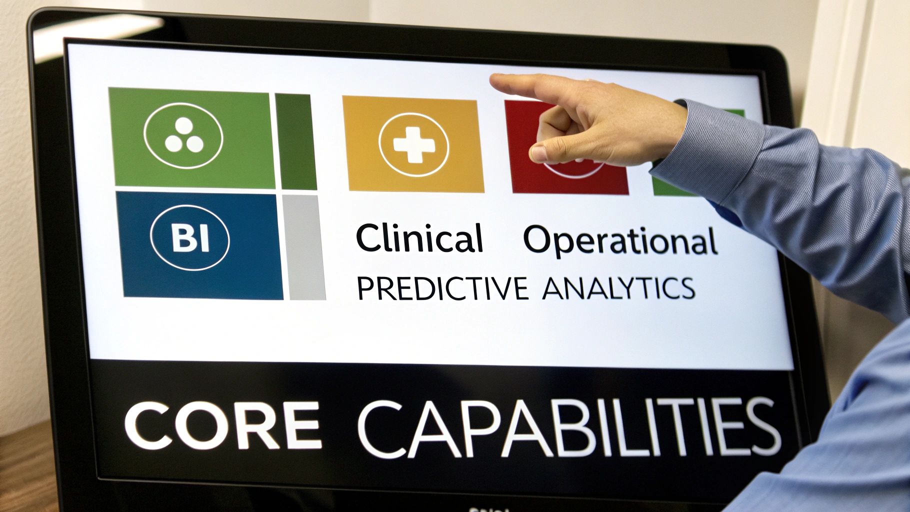 Close-up of a hand interacting with a touchscreen displaying healthcare predictive analytics and core capabilities.