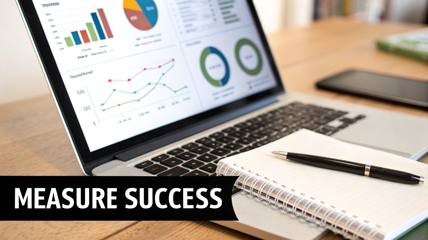 An employee presenting a dashboard with upward-trending charts to colleagues.