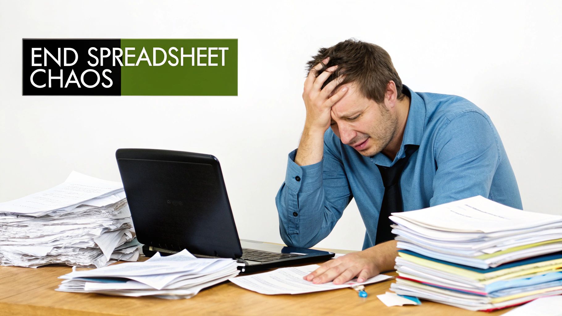 A stressed man at a desk full of papers and a laptop, with text 'END SPREADSHEET CHAOS'.