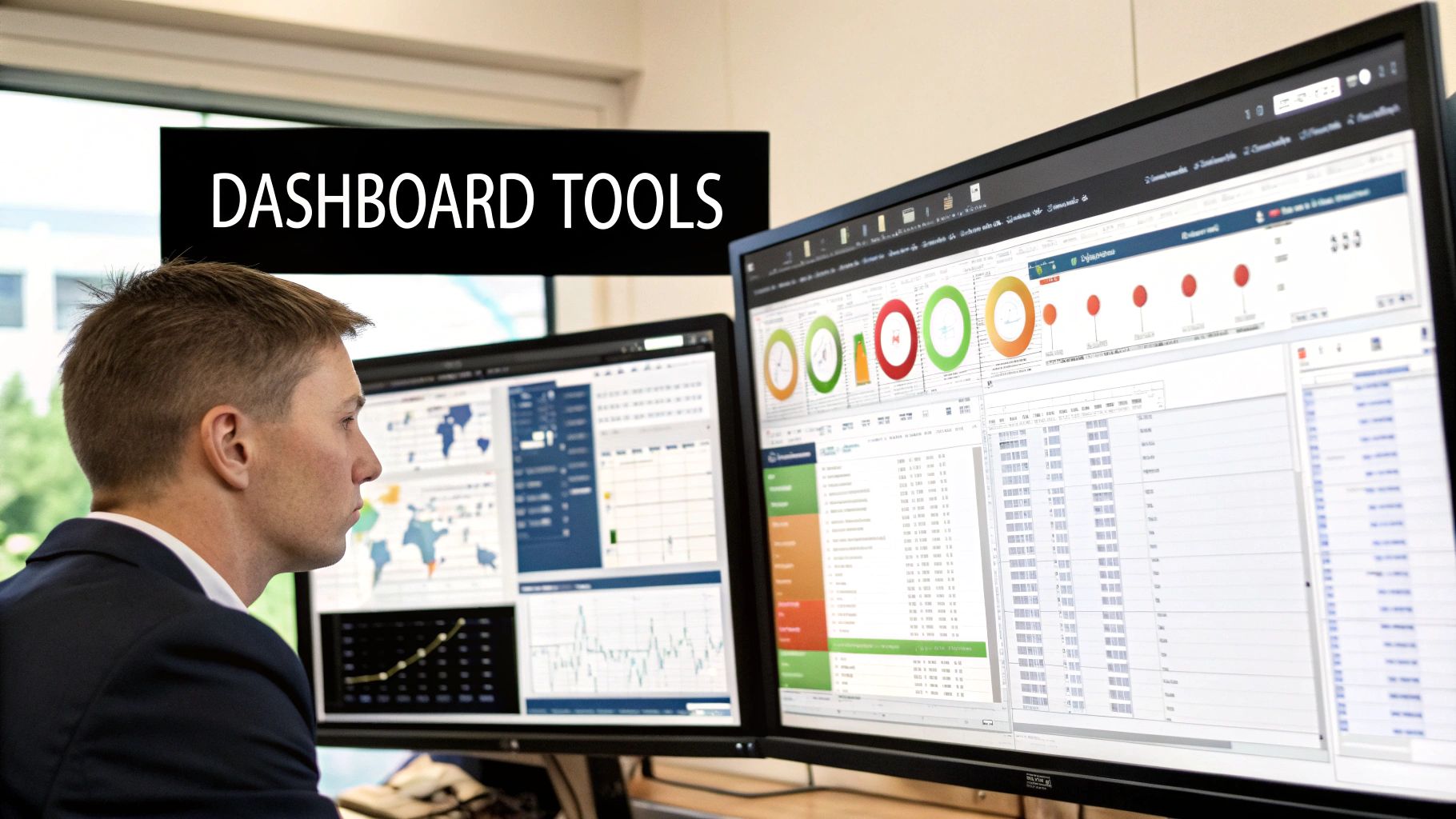 A business intelligence expert discusses a dashboard with a client in a modern office.
