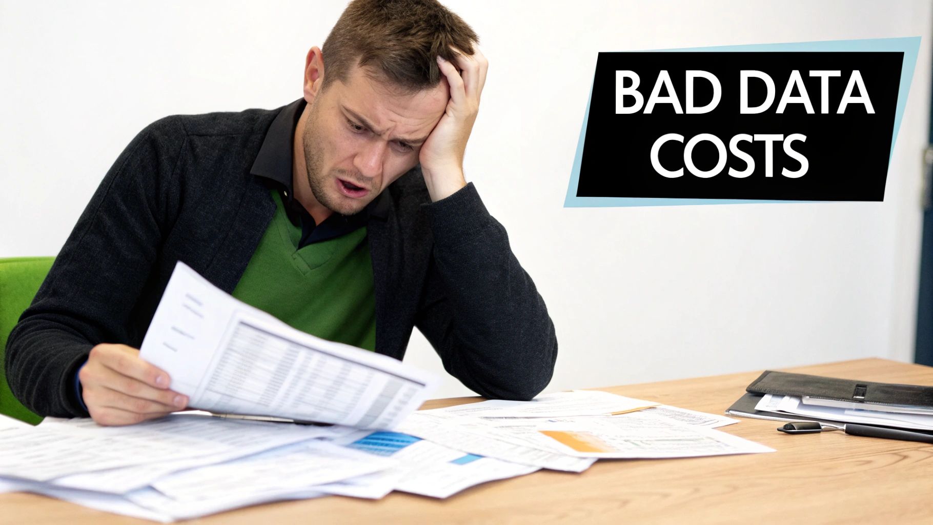 A stressed man is overwhelmed by papers at a desk, next to text 'BAD DATA COSTS'.