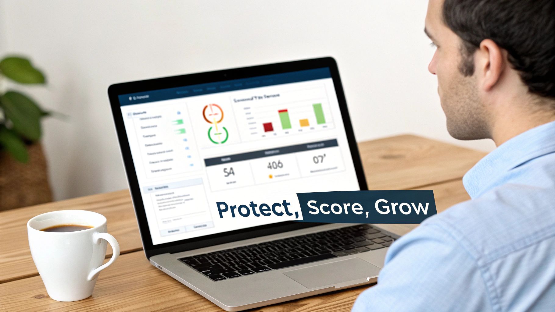 Man viewing financial analytics on a laptop with charts, data, and 'Protect, Score, Grow' text, with a coffee mug.