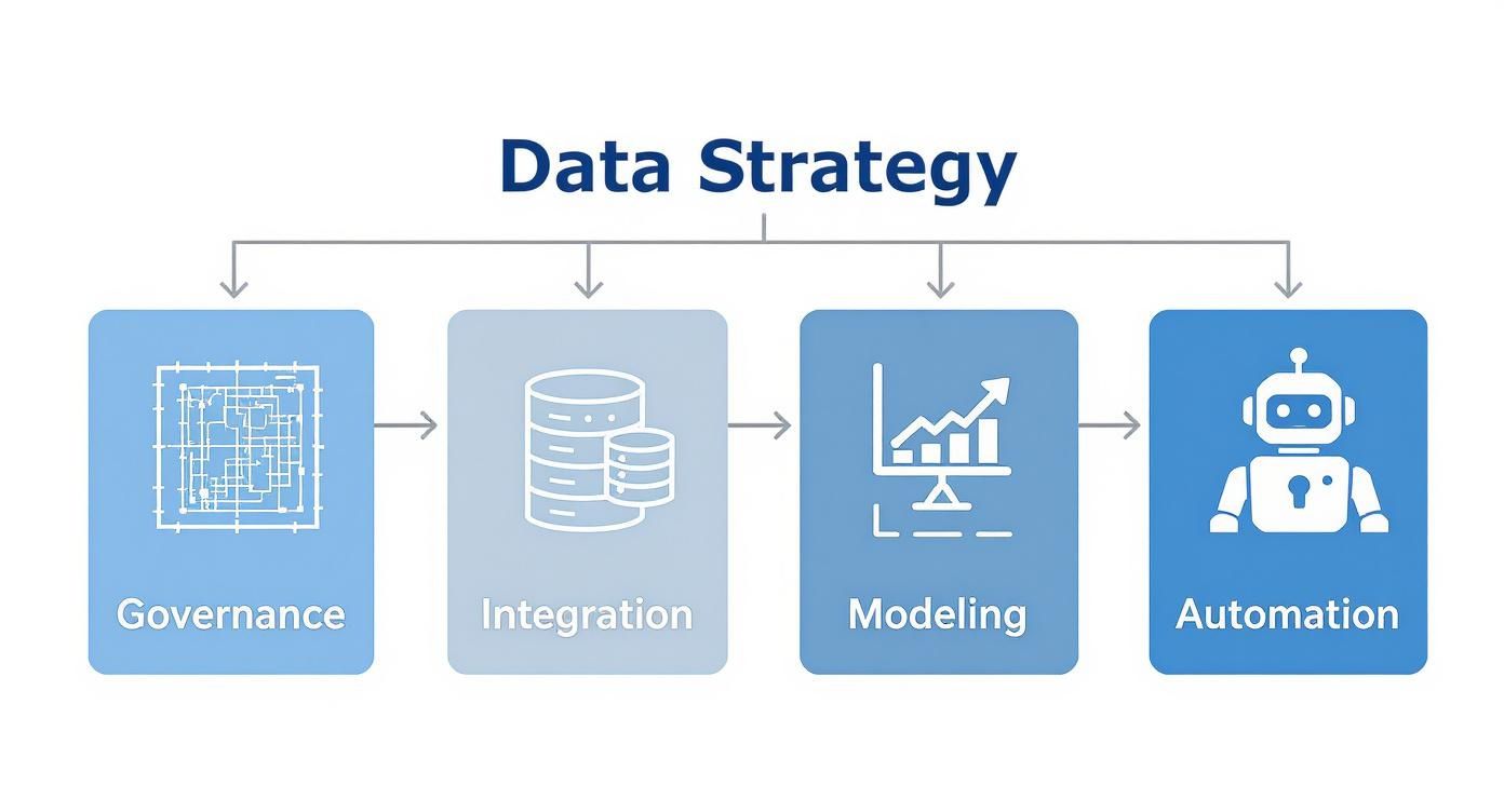 Flowchart illustrating a data strategy with four key steps: governance, integration, modeling, and automation.