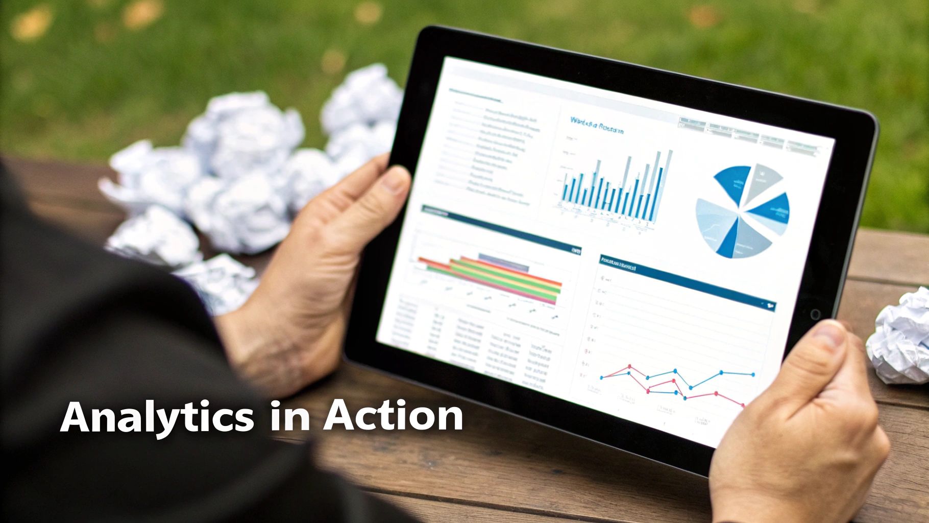 A person holds a tablet displaying various data analytics charts and graphs outdoors, with crumpled papers nearby.