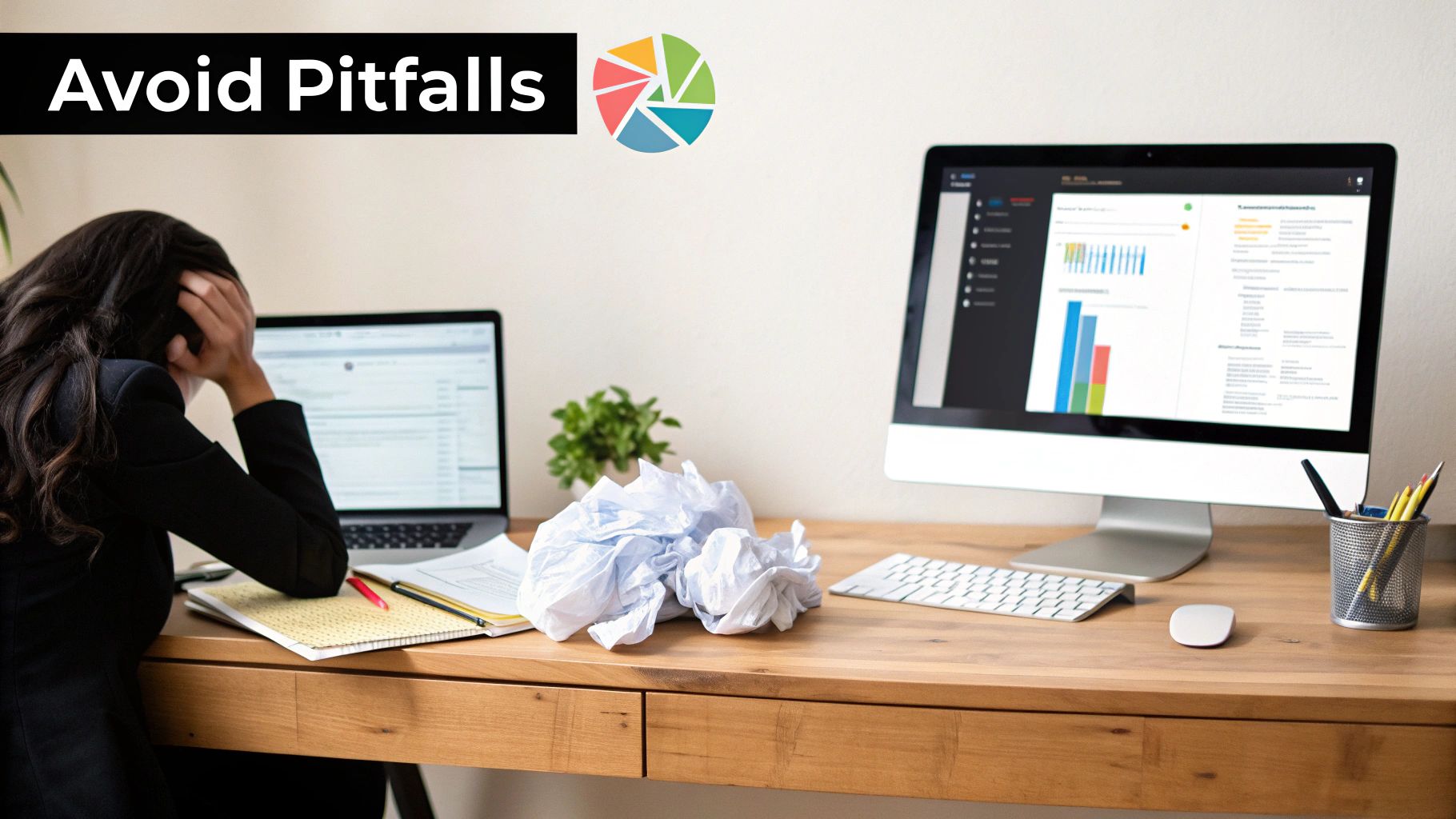 A stressed professional at a desk with laptop, monitor displaying data, and crumpled papers, showing work challenges.