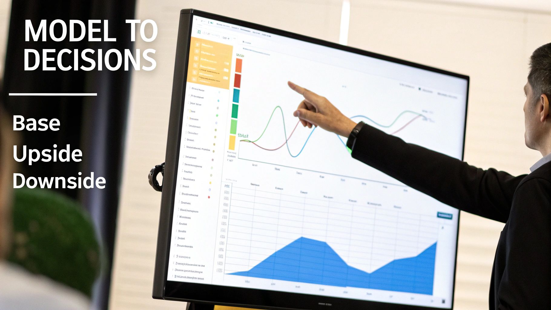 A person points at a large screen displaying financial charts and data for decision-making.