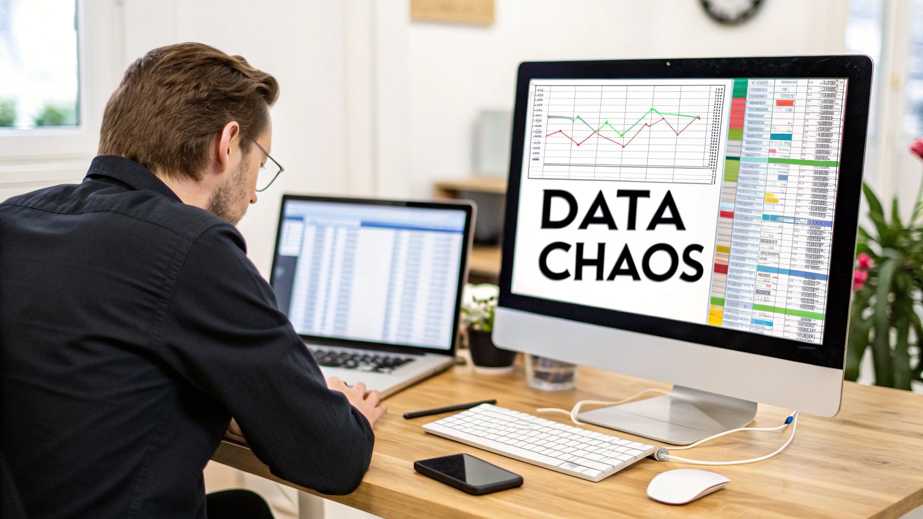A man working on a laptop, with an adjacent monitor displaying 'DATA CHAOS' and complex charts.