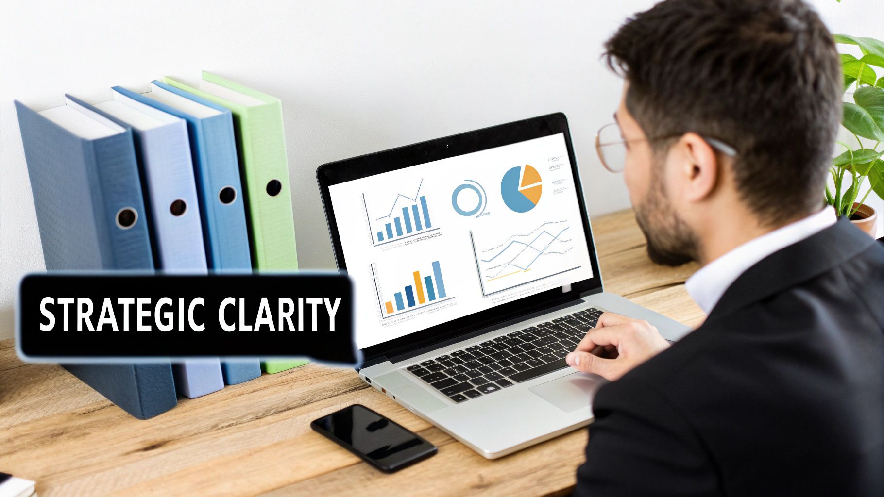A digital dashboard shows increasing revenue and ROI percentages, symbolizing the financial benefits of clear data strategy.