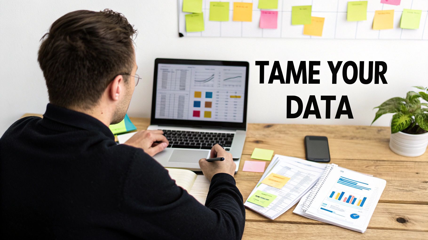 A person sitting at a desk, looking overwhelmed by multiple screens showing complex data charts and graphs, representing data chaos.