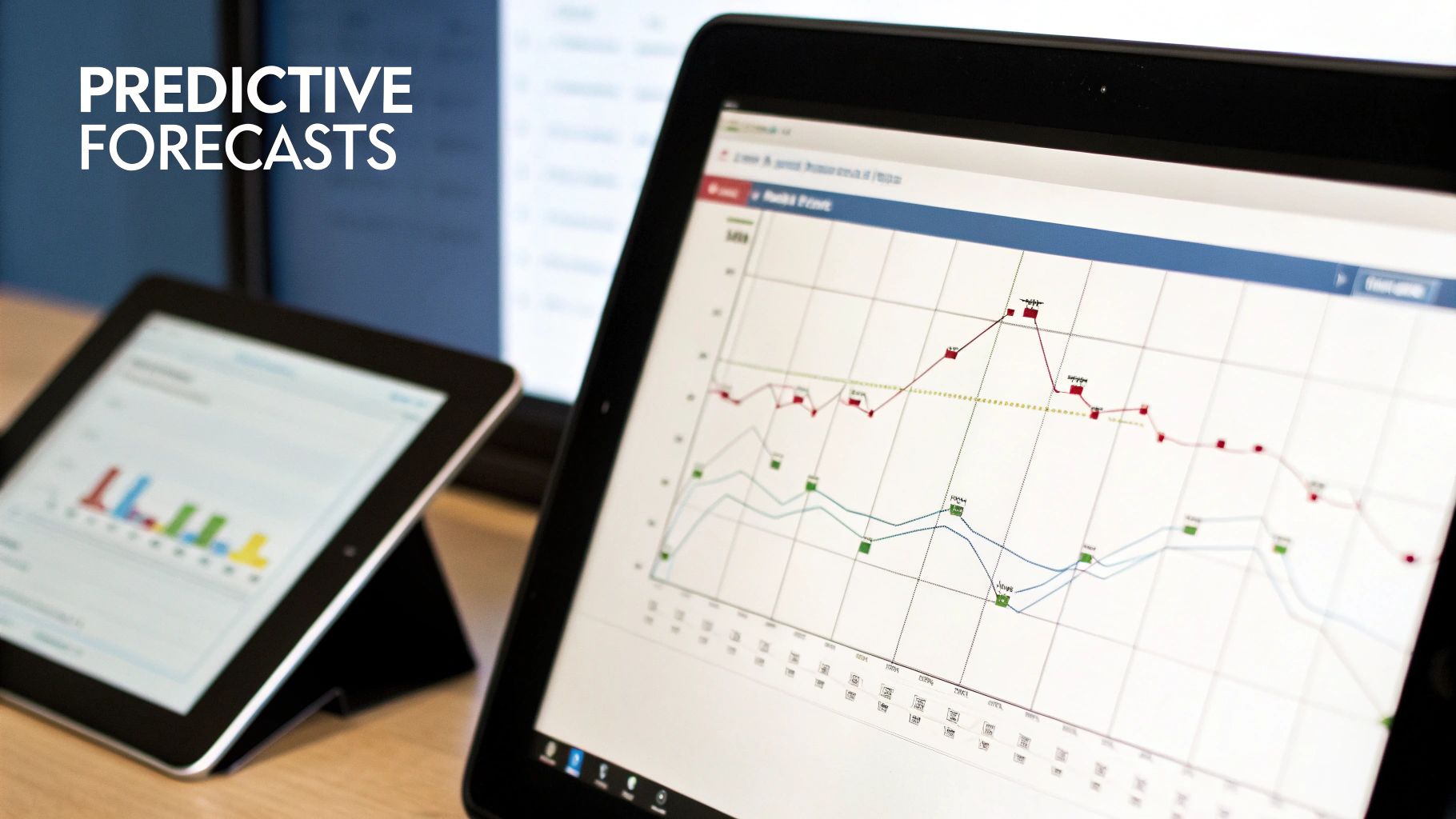 Tablets displaying predictive forecast graphs and financial data for business analysis on a desk.