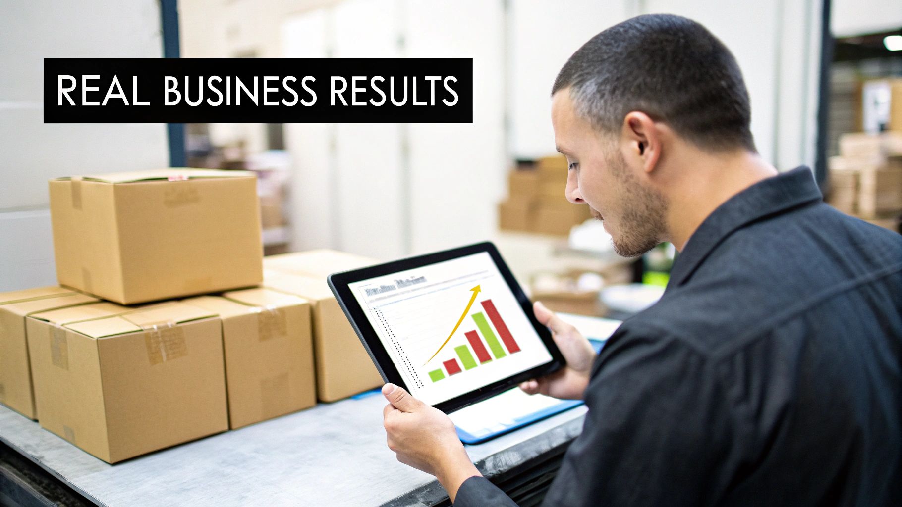 An image showing a business professional analyzing a dynamic dashboard with charts and graphs on a large screen.