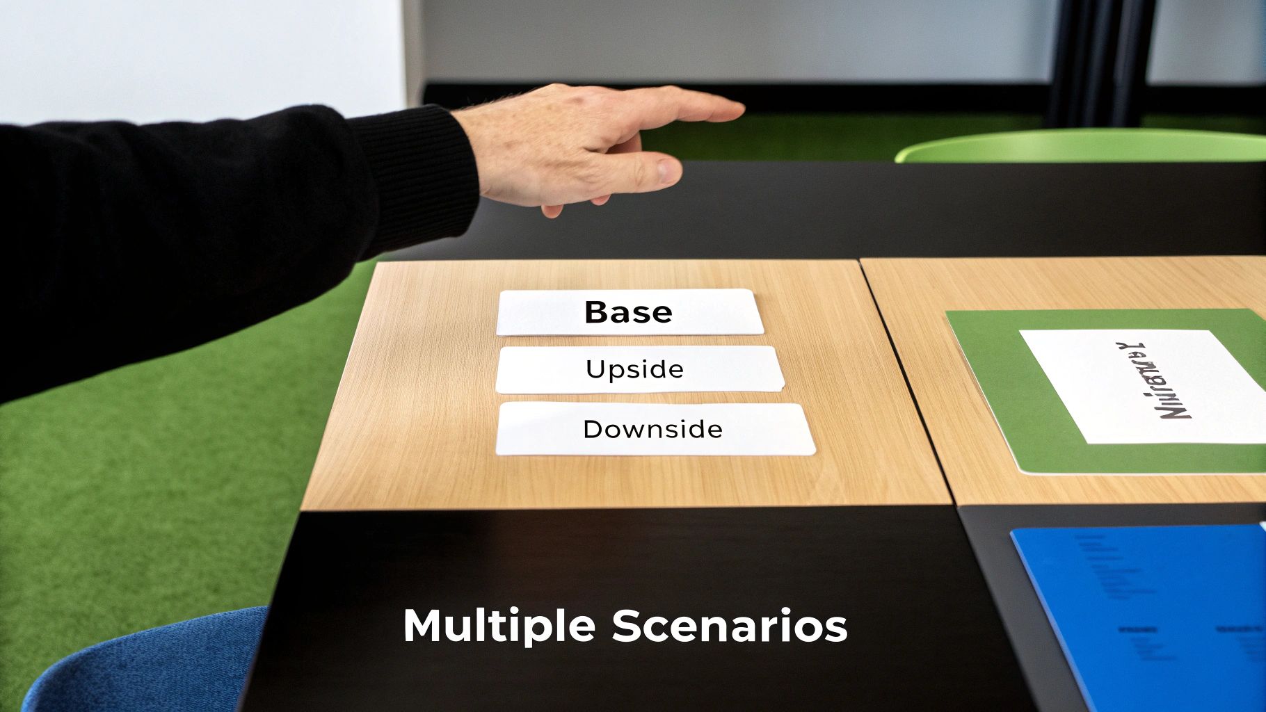 A hand points at 'Base', 'Upside', 'Downside' labels on a table, illustrating multiple scenarios.