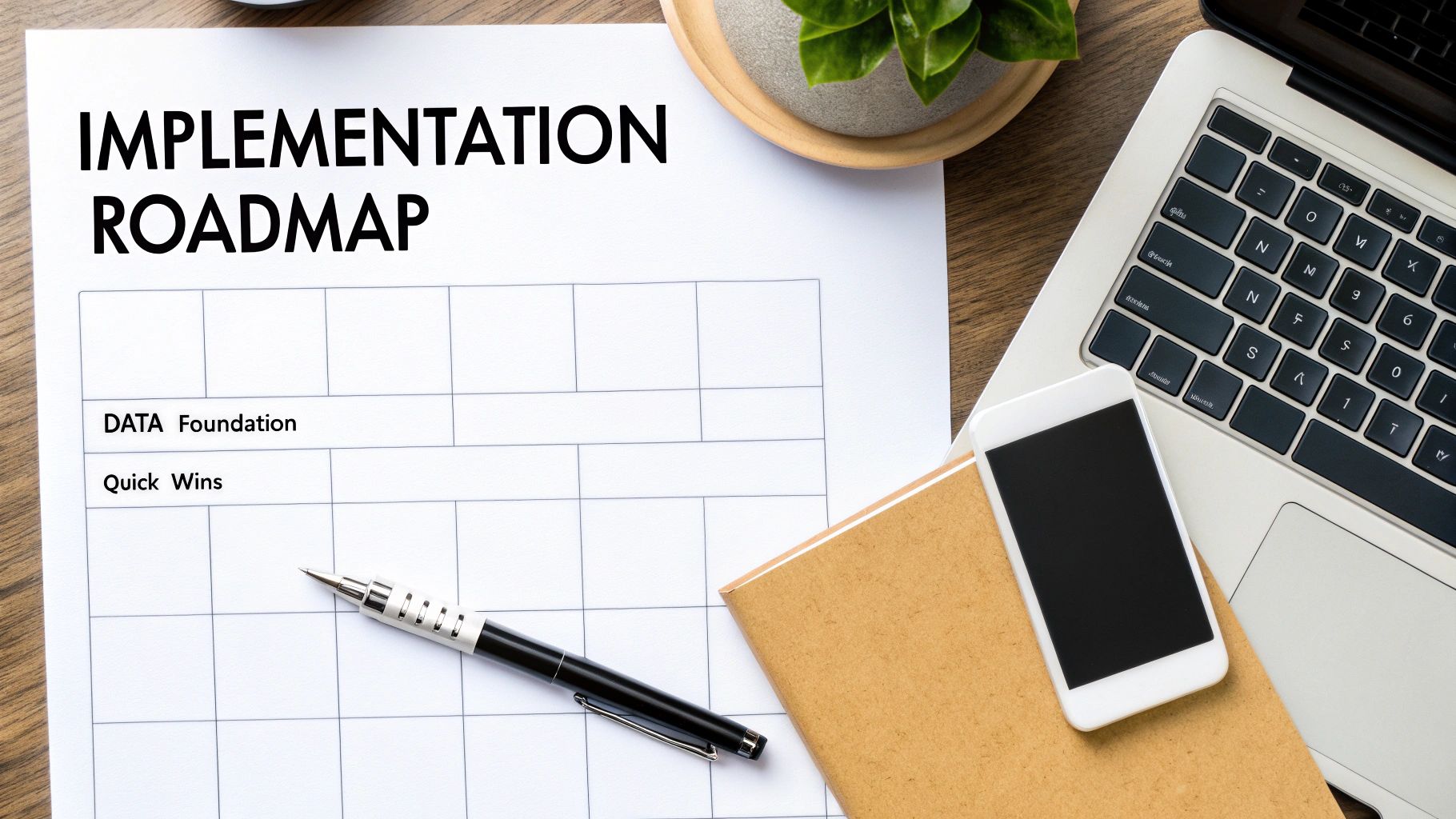 Flat lay of a desk with an 'Implementation Roadmap' document, laptop, smartphone, and pen.