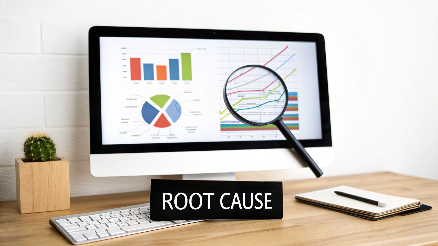 Computer screen displaying analytical charts and graphs with magnifying glass emphasizing root cause analysis