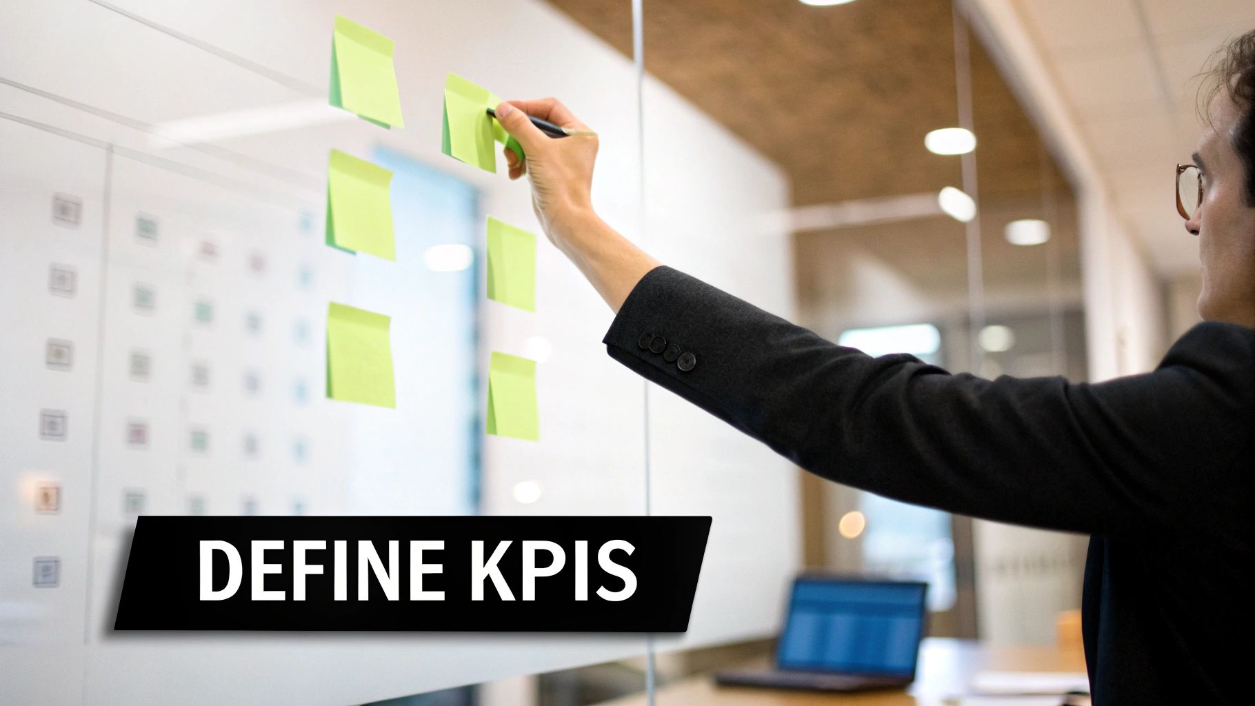 Professional defining key performance indicators on sticky notes on a glass wall.