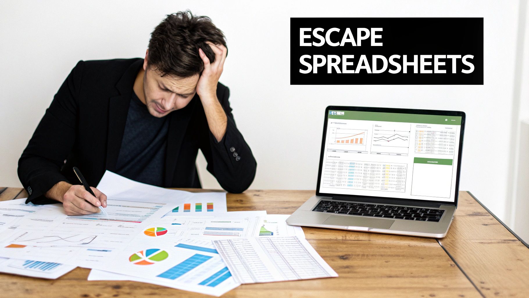 A stressed man overwhelmed by spreadsheets and data analysis, with a laptop displaying graphs.