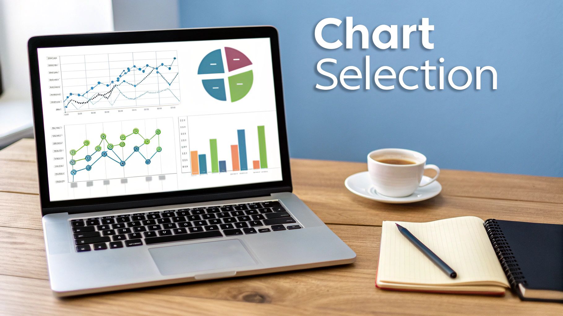 A diagram showing how different questions lead to different chart types. A 'comparison' question leads to a bar chart, a 'trend' question to a line chart, and a 'composition' question to a treemap.