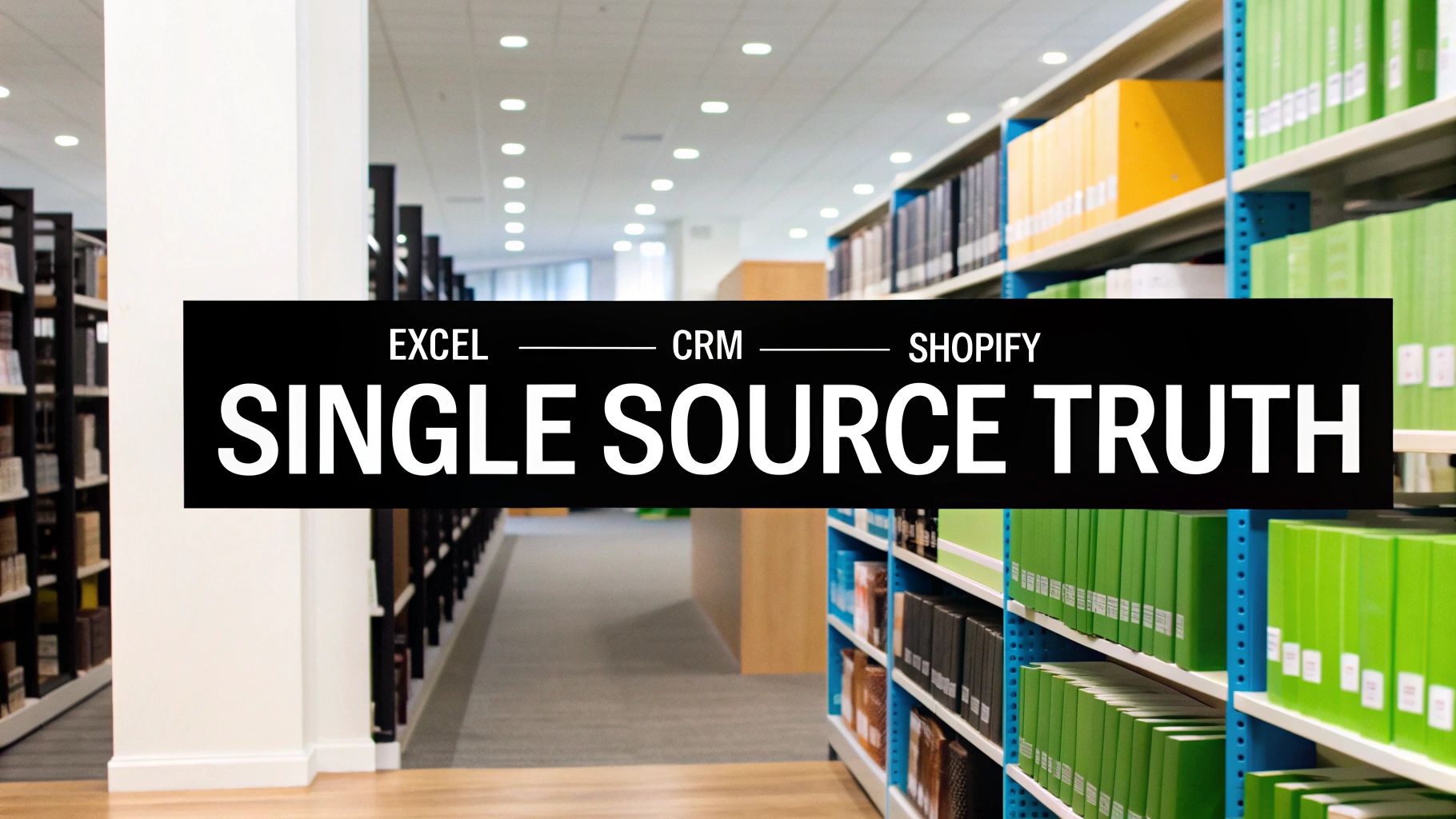 Library interior with bookshelves filled with binders, featuring text 'EXCEL — CRM — SHOPIFY SINGLE SOURCE TRUTH' on a black banner.