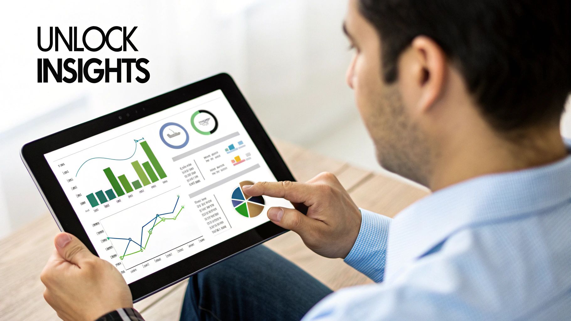 A man interacts with a tablet showing data charts, graphs, and 'UNLOCK INSIGHTS' text.