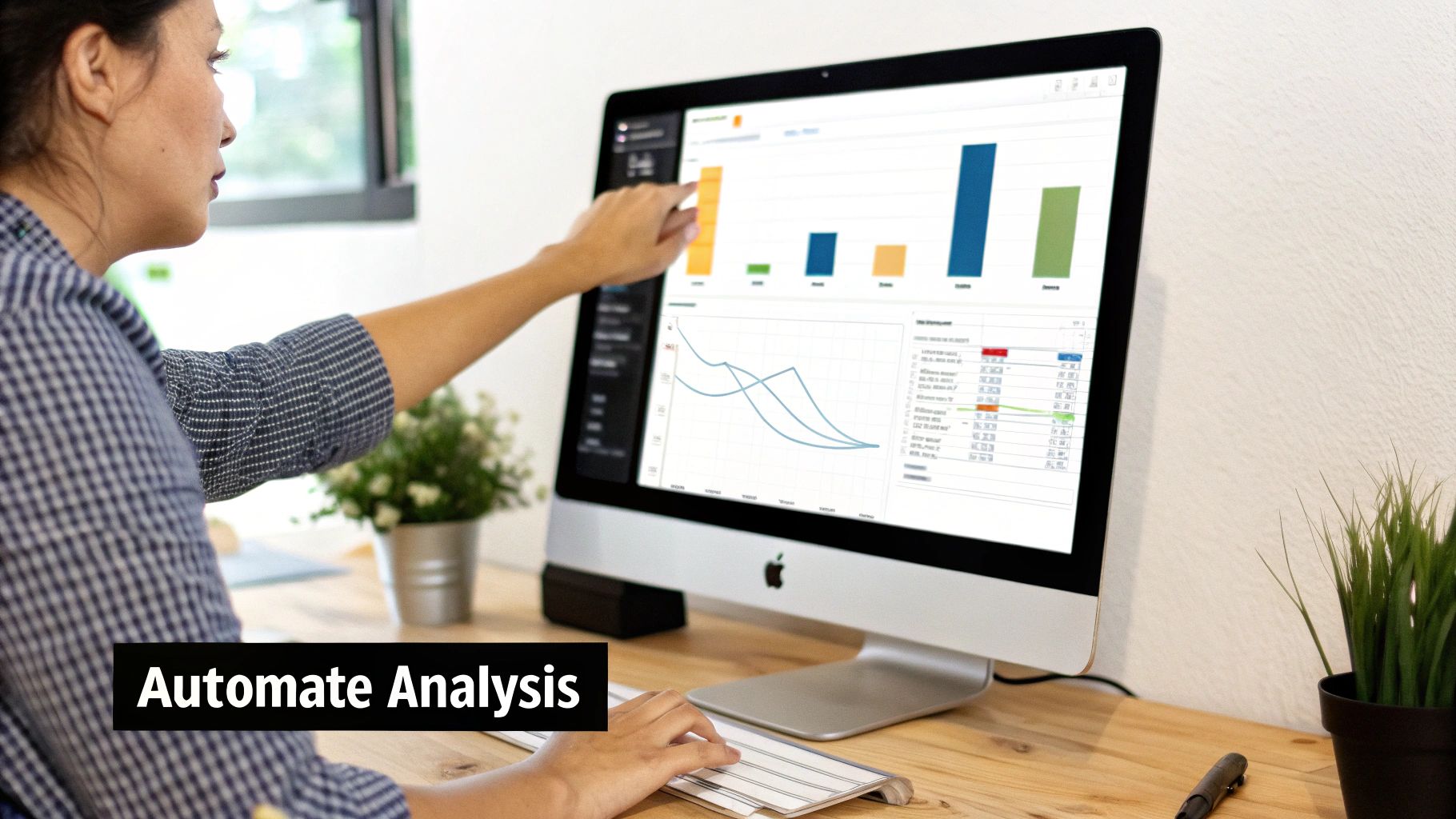 A person interacts with a computer displaying financial charts and data for budget analysis.