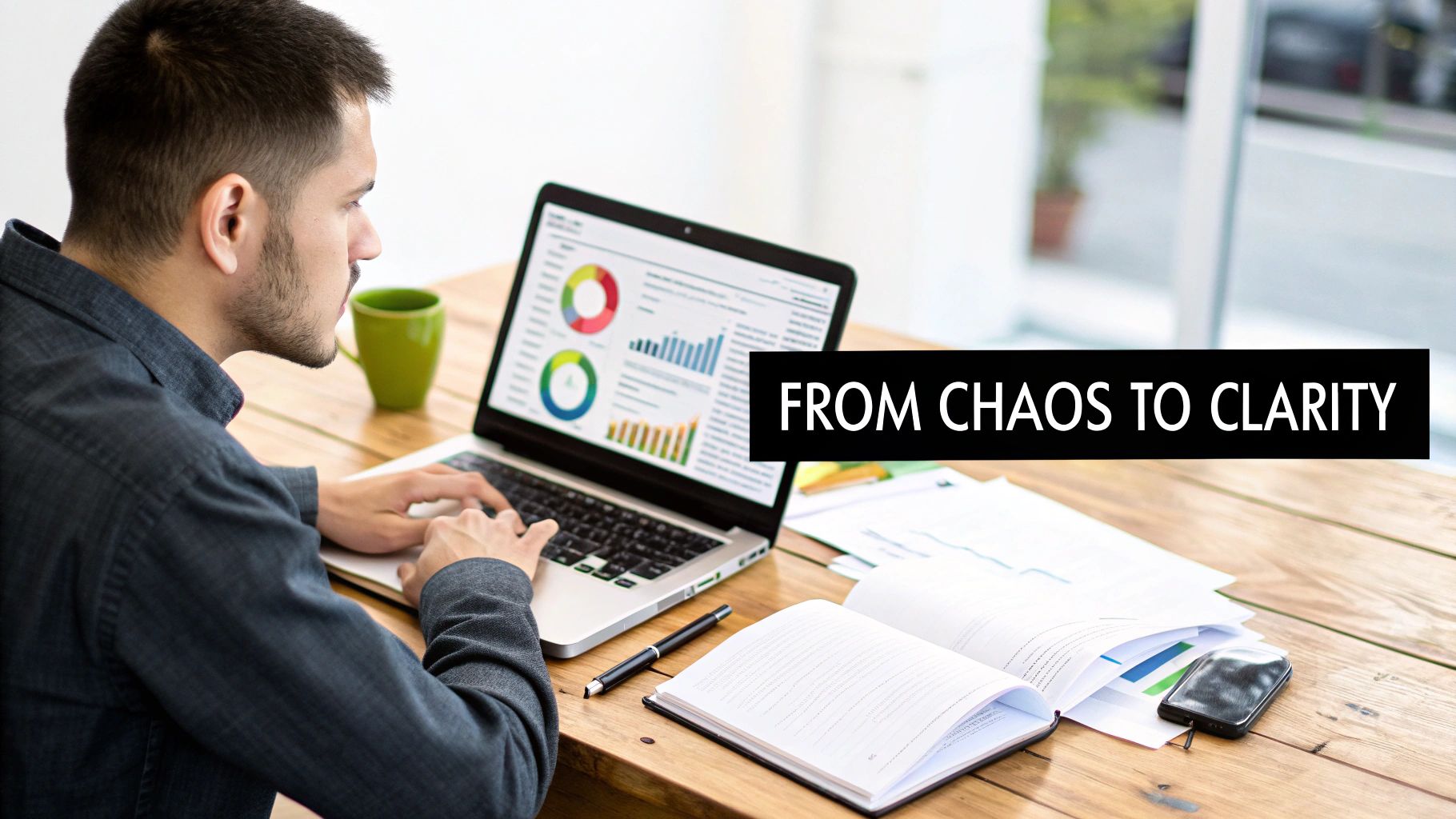 Professional analyzing financial data dashboards and charts on laptop with documents, demonstrating business analytics clarity