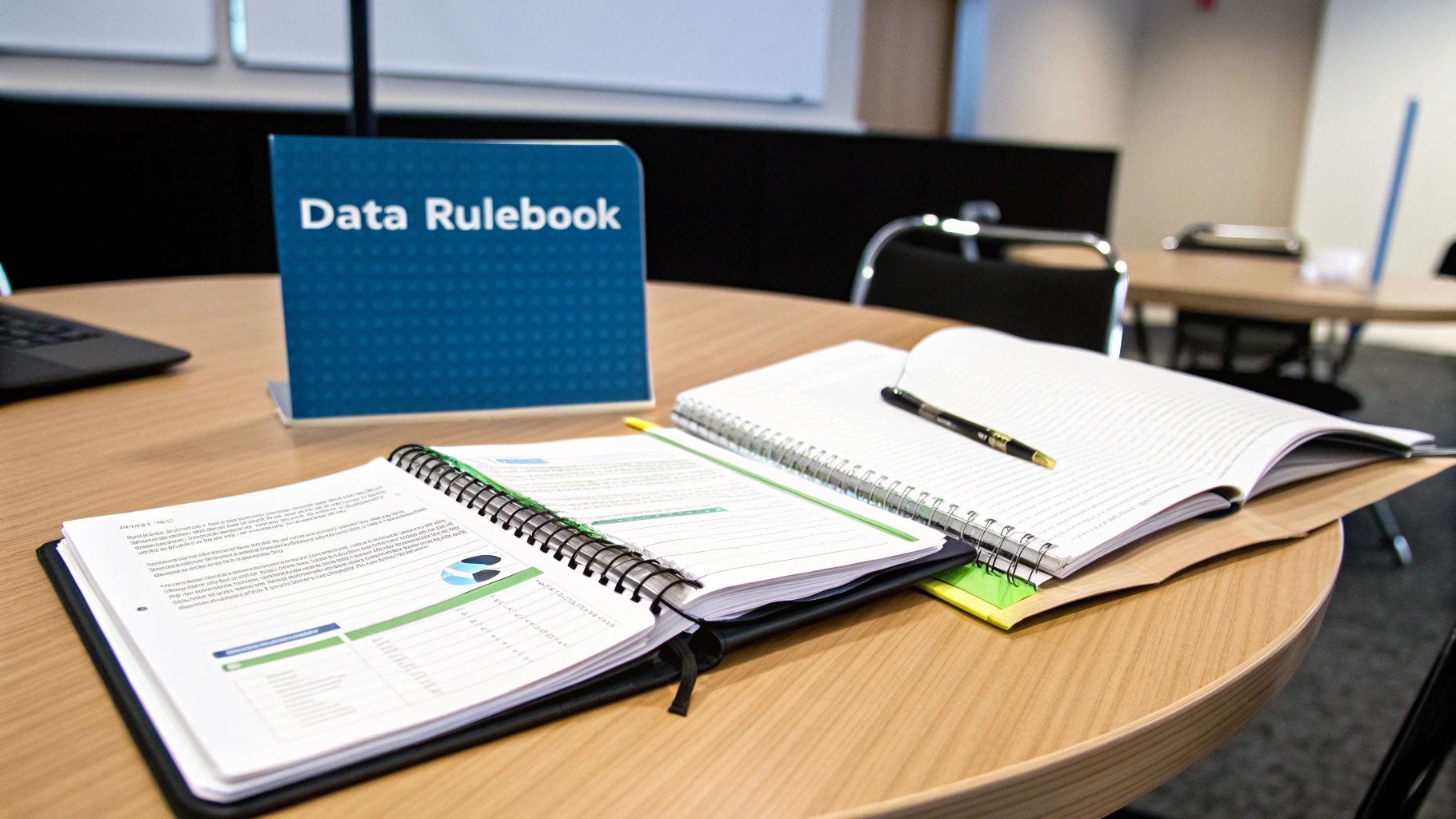 A team collaborating around a table with laptops and documents, creating a rulebook together.