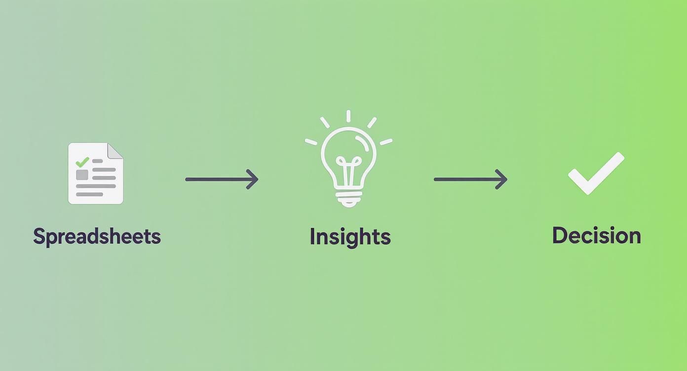 A diagram showing spreadsheets leading to insights (lightbulb) and then to a successful decision (checkmark).