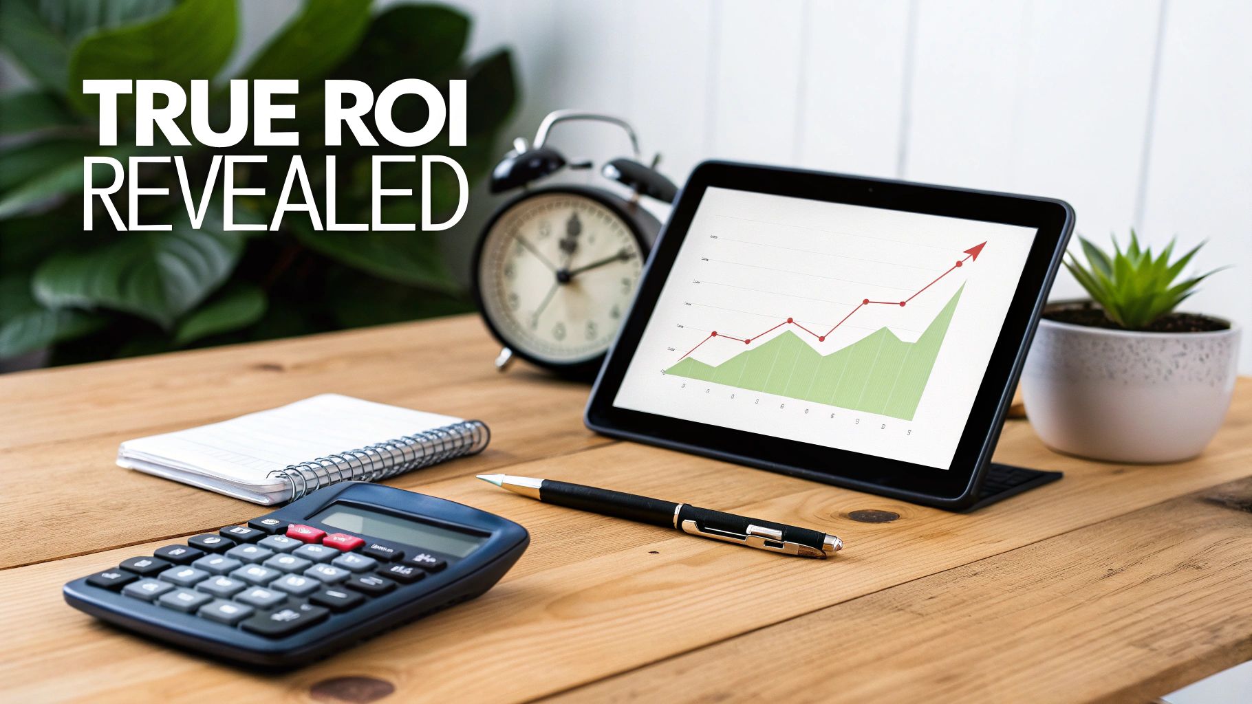 Tablet displaying upward trending analytics graph on wooden desk with calculator and office supplies